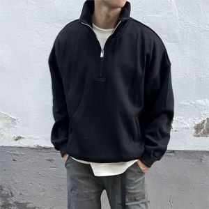 100% coton polaire pull col montant haute qualité demi-fermeture éclair sweat strass conception goutte épaule surdimensionné pour hommes hiver - Product Image 1