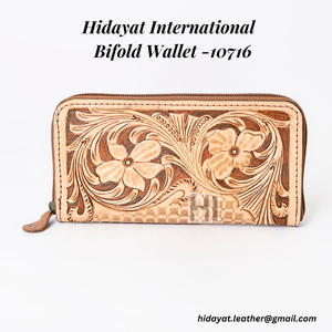 Portefeuille unisexe en cuir véritable Crazy Horse, style vintage floral, fermeture éclair, blocage RFID, fait main, style western - Product Image 3