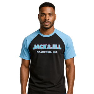 Camiseta con mangas raglán negras de Jack y Jill of America, bordado de chenilla azul, ropa de organizaciones profesionales negras y cívicas - Product Image 1