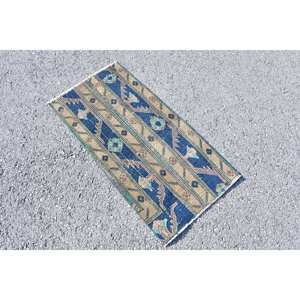 Tapis en laine fait main classique bleu Beige 1.6x3,2 pieds Design patchwork turc pour salon ou chambre à coucher avec support en latex - Product Image 2