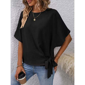 Women'<b>s</b> Short-Sleeved Crew Neck Side-Tie Aerobin <b>Blouse</b>, 37391 - Black - Product Image 6