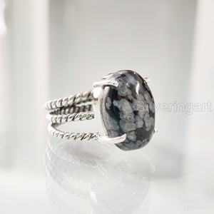 Women's Ring Natural Snowflake Obsidian Gemstone 3 Twisted <b>Band</b> Christmas <b>Wedding</b> Statement Jewelry 925 Sterling <b>Silver</b> Ring - Product Image 1