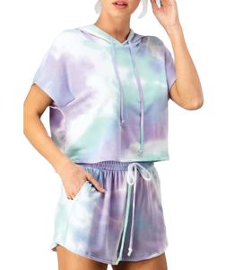 ชุดมัดย้อม2ชิ้นลำลองของผู้หญิงเสื้อมีฮู้ดแขนสั้นขนแกะเสื้อมีฮู้ดกางเกงขาสั้นมีเชือกผูกกางเกงขาสั้นเสื้อฮู้ดกางเกงขาสั้นชุดวอร์ม2026พิมพ์ลายมัดย้อม - Product Image 6