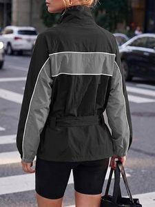 <b>Women</b> Short <b>Lightweight</b> Zip-Up Bomber <b>Jacket</b> with Stand Collar Color Block Peplum Waist Tie for Casual Outdoor Wear - Product Image 2
