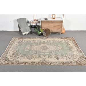 Vintage Turkish <b>Rug</b> 5.5 X 9.4ft Green Beige <b>Flat</b> Weave Wool with Patchwork Pattern for Living Room Decorations or Hallway Use - Product Image 1