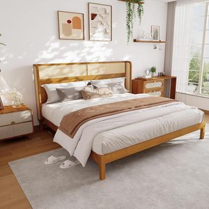 Mid Century Modern King Bed Frame Solid Pine <b>Wood</b> <b>Slats</b> No Box Spring Needed Traditional Style Natural Platform Bed Headboard - Product Image 1