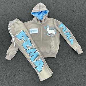 Zip Up Distressed Brodé AcidWash Sun Faded Distressed Sets Vintage Hoodie Sun fade Sets Sweatsuit Survêtements 100% Coton - Product Image 5