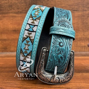 Cinturones de cuentas de cuero con hebilla de aleación de fabricante OEM, cinturones de cuero genuino de moda occidental hechos a mano para hombres y mujeres - Product Image 1