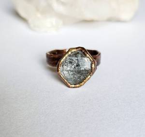 แหวนเพชรเฮอร์คิเมอร์สีดำขนาดใหญ่แหวนควอทซ์ทิเบตสีดำแหวนทองแดงชุบไฟฟ้าแหวนหินดิบชุดฝาเป็นของขวัญแต่งงาน - Product Image 1