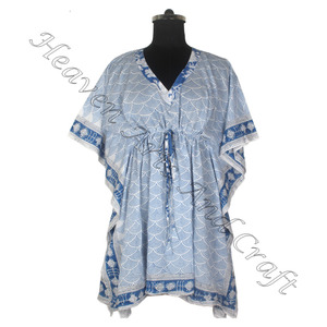 100% algodón Mujer ropa de dormir bloque de mano estampado Kaftan vestido KFCS122 peso ligero mujeres Casual ocasión desgaste corto caftán vestidos - Product Image 2