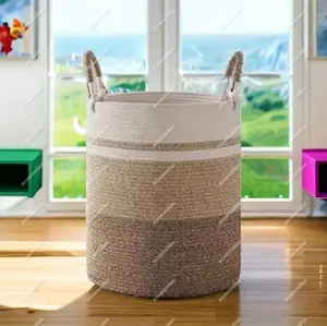 Großer gewebter Baumwollseilschnur-Wäsche-Korb mit Griffen dekorativer Aufbewahrungskorb für Kleidung und Spielzeug