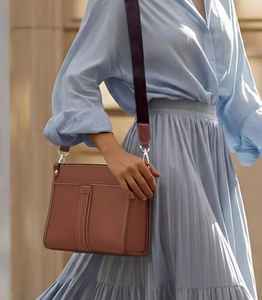 Tan Brown Genuine Leather Vintage Lady Crossbody <b>Bag</b> Minimalist Rectangular Wide <b>Strap</b> Shoulder Travel Satchel Zipper Water - Product Image 2