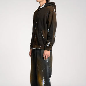 เสื้อมีฮู้ดพิมพ์ลายด้วยมือทรงโอเวอร์ไซส์ผ้าคอตตอนมีซิปรูดแบบสบายๆ - Product Image 4