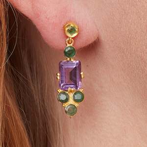 Vintage Gold Plated Bezel Set Drop Earrings with Amethyst and Green Gemstones Geometric Design Certified Women's <b>Party</b> Jewelry - Product Image 4
