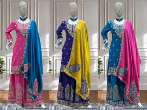 Kurta Plazzo de seda de gasa festiva moderna con codificación de secuencia bordada Ropa de boda de fiesta de secado rápido Dupatta incluida - Product Image 6