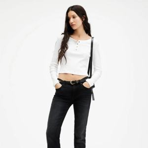 T-shirt Henley blanc à manches longues pour femme, col rond, détails boutonnés, coupe ajustée, décontracté, en coton tricoté - Product Image 3