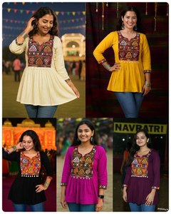 Rayón pesado puro con encaje Gamthi y trabajo de encaje Kodi Longitud corta Color brillante Kurti elegante para Navratri y días de carrera especiales - Product Image 6