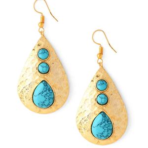 Boucles d'oreilles pendantes en forme de larme plaquées or de style bohème pierre de résine turquoise Sculpture ethnique moderne faite à la main pour femmes polie - Product Image 2