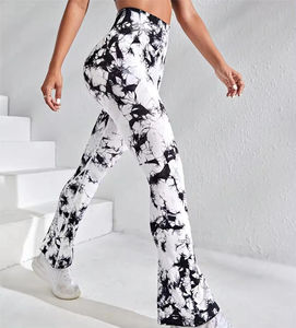 กางเกงโยคะขาบานเอวสูงสำหรับผู้หญิงเลกกิ้งโยคะกระฉอกพร้อมท้องควบคุมรูปแบบสีทึบบาน - Product Image 2