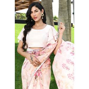 Sari de Chifón con Estampado Floral en Rosa Pastel para Primavera/Verano - Product Image 3