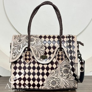 Sac à main de style occidental Sac à bandoulière en cuir usiné à la main pour femmes Sac à bandoulière en damier Sac fourre-tout à bandoulière avec poignée tressée - Product Image 1