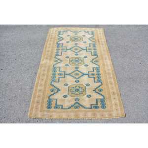 Alfombra turca vintage de 3,4x5,5 pies, diseño de retazos azul beige, lana hecha a mano con respaldo de látex, estilo Tabriz para sala de estar de adolescentes - Product Image 1
