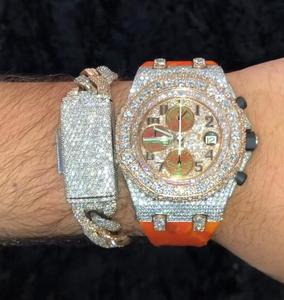 Top Selling Men's ETA Movement Fashion Orange Strap Quartz <b>Watch</b> Leather Business Style Moissanite <b>Watch</b> Cuban Bracelet Hot - Product Image 1