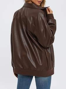 Women's <b>Sheep</b> Skin Leather Oversized Zip-Up Faux Motorcycle Bomber Jacket Breathable Winter Coat Fall Trendy Fashion <b>Outfit</b> - Product Image 3