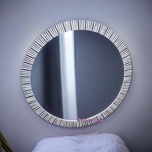 Miroir en verre artisanal écologique, moderne et élégant, bleu et blanc, incrusté de os, décoration d'intérieur, cadre rond, motif abstrait - Product Image 2