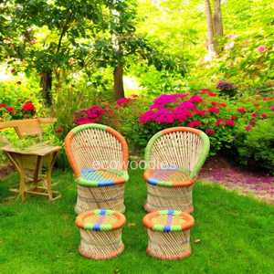 Consola con incrustaciones de hueso Sarkanda, juego de silla de cuerda de bambú con taburete otomano en remolino, PUF hecho a mano para jardín interior y exterior - Product Image 2