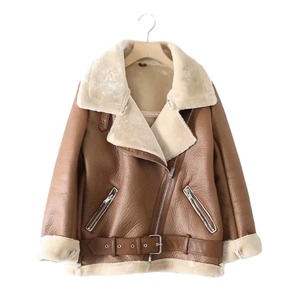 Femmes automne hiver manteau nouveau Chic à manches longues veste thermique peau de mouton fourrure Faux cuir toile revers rembourré vêtements d'extérieur chauds - Product Image 4