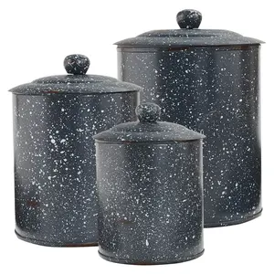 农家食品储存容器套装3件式金属厨房罐，带黑色花岗岩搪瓷成品罐，带盖子