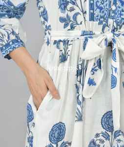 ชุดเดรสผ้าฝ้ายออร์แกนิคพิมพ์ลายดอกไม้แบบแฮนด์บล็อกจากเมืองจาปุร ชุดเดรสฤดูร้อนน้ำหนักเบาสำหรับผู้หญิง - Product Image 3