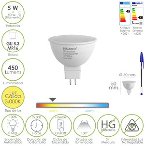 Lampadina LED Dicroica con Attacco GU 5.3 / MR16 5 Watt. Corrisponde a 40 Watt. 405 Lumen. Luce Calda (3000o. K.) - Product Image 1