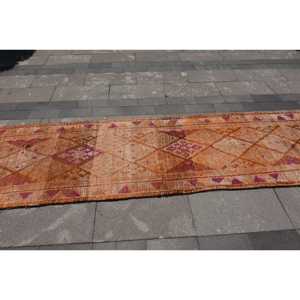 2.8x11.2 ft Vintage Turkish Rug, Runner Rug, <b>Brown</b> Pink Striped <b>Wool</b> Rug - Product Image 3