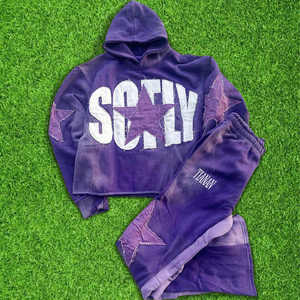 เสื้อฮู้ดสตรีทแวร์พิมพ์ลายคุณภาพสูงแบบสั่งทำพิเศษ ทรงยาว น้ำหนักเบา แต่งลายปักแบบดิสเทรส ล้างสีแบบแอซิดวอช ชุดเสื้อฮู้ดและกางเกง - Product Image 1