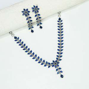 Ayushi Delicate Blue Flower Silver Necklace <b>Set</b> with Earrings for Party Occasions - Product Image 3