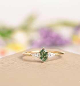 Bague de fiançailles en agate mousse de forme hexagonale, vintage, argent sterling 925 plaqué or 14 carats, bague de promesse empilable - Product Image 6