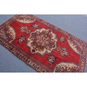 Vintage Turkish <b>Wool</b> Area Rug <b>Red</b> Beige Patchwork Design Large Rectangle 4 X 7 ft 10mm Thickness Latex for Hallway Bedroom - Product Image 4