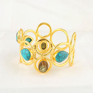 Pulsera de Moda con Turquesa Verde y Labradorita Natural, Pulsera de Diseño Chapada en Oro de 18k, Brazalete Ajustable de Latón Sólido - Product Image 2