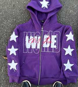 Custom <b>Men's</b> <b>Hoodie</b> with Zipper Sunfade Design 500GSM Rhinestone Distress Patch Heavyweight Cotton Custom <b>Men's</b> Zipper <b>Hoodie</b> - Product Image 5