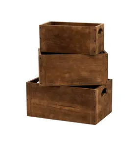 Juego de 3 cajas de madera anidadas Caja de madera con asa Rústico Marrón Decorativo Cajas de almacenamiento de madera Contenedor apilable - Product Image 1