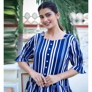 Haut à volants imprimé à rayures pour femmes de haute qualité en coton rayonne viscose bleu respirant taille XL pour toutes les saisons - Product Image 3