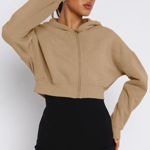 Sudadera con capucha activa y cremallera recortada para mujer con logotipo personalizado, Sudadera con capucha de manga larga, trajes deportivos de moda - Product Image 3