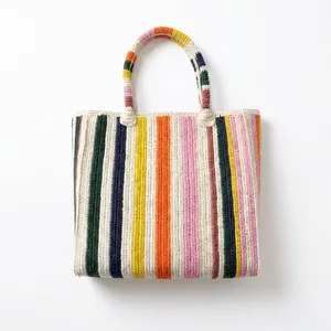 Sac fourre-tout portable en coton rayé au crochet, motif bonbons, style bohème, printemps-été, sac à main de plage pour femme, ouverture supérieure - Product Image 5