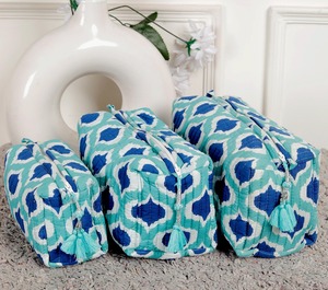 Algodón acolchado con estampado de bloques Vintage para bolso con cierre de cremallera, bolsa cosmética de viaje impermeable hecha a mano - Product Image 4