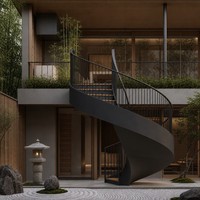 Escalier en colimaçon extérieur de style ferme moderne avec marches à effet bois texturé