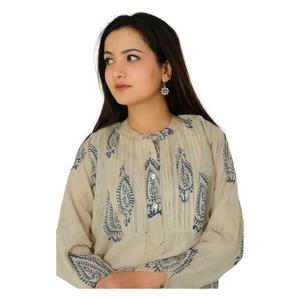 Blusa informal de algodón hecha a mano para mujer, Top de verano con estampado de bloques, decoración de botones de manga larga, talla XS, logotipo personalizado para fiesta Formal - Product Image 4