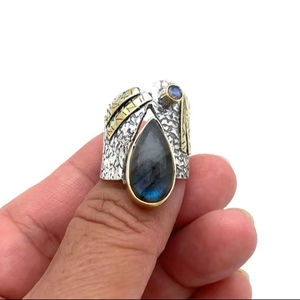 Anillo de Boda Clásico de Plata de Ley 925 con Labradorita, Estilo Bohemio, Hecho a Mano, Chapado en Rodio, Regalo para Esposa - Product Image 1