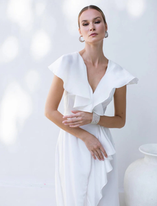 Robe longue blanche à volants floraux pour femme, col en V, fente haute, élégante, streetwear, robe de soirée, taille naturelle - Product Image 2